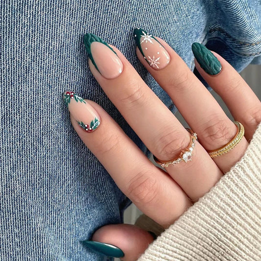 Festive Evergreen Long Almond Shaped Green Press On Nail Set with Intricate Holiday Designs
