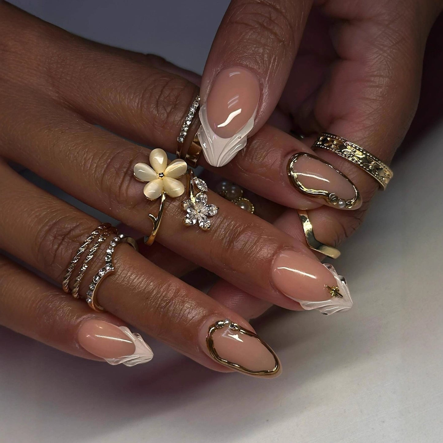 Elegant Blossom Long Almond Shaped Beige with White Tips and Floral Embellishments Press On Nail Set