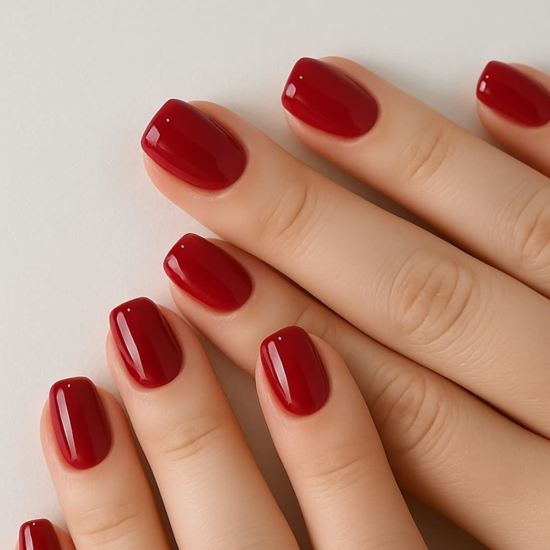 Classic Glamour Short Square Deep Red High Gloss Press On Nail Set