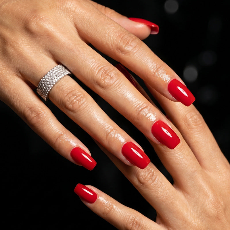 Glamorous Red Medium Square Glossy Press On Nail Set with High Shine Finish