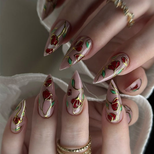 Romantic Garden Long Stiletto Pink with Elegant Floral Detailing Press on Nail Set
