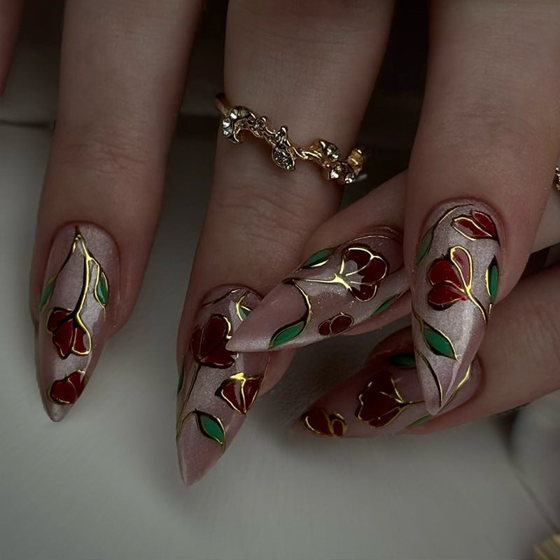 Charming Floral Elegance Long Stiletto Blush Pink with Gold Leaf Accents Press On Nail Set