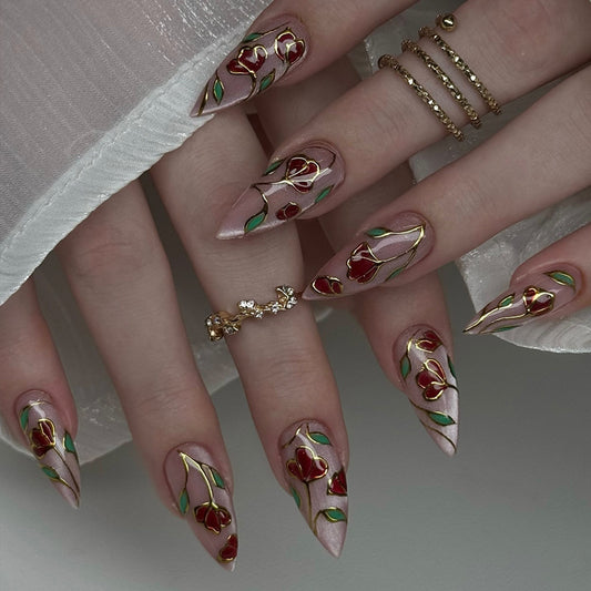 Botanical Bliss Long Stiletto Red and Green Floral Design Press On Nail Set