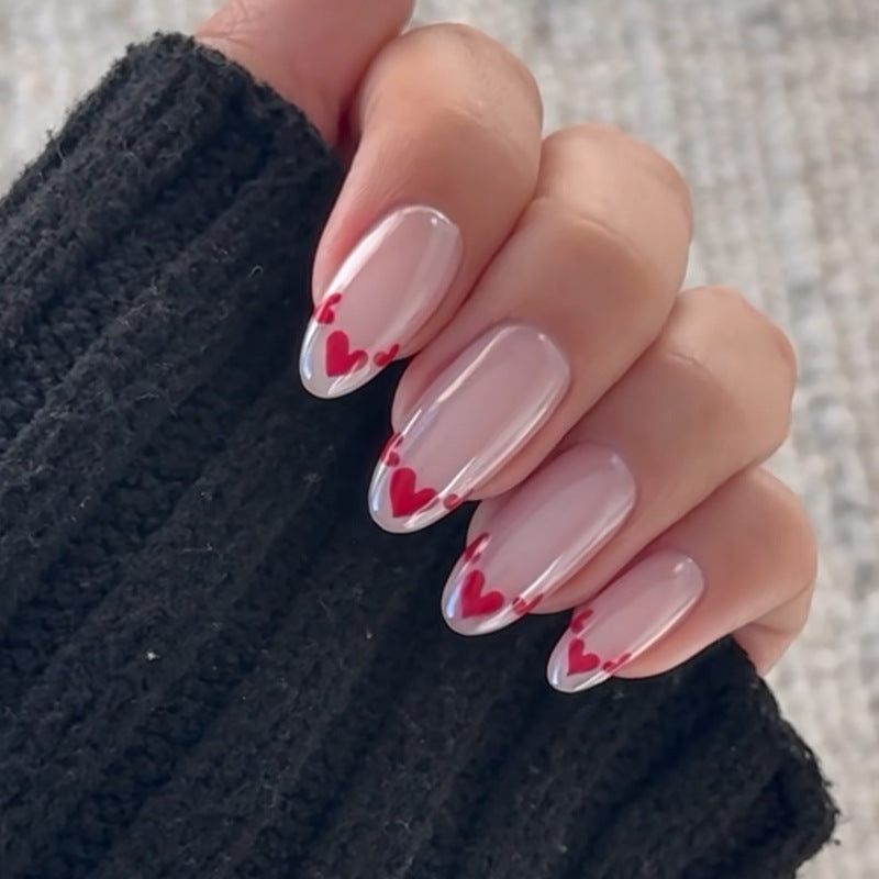 Romantic Elegance Medium Oval Shaped Clear Pink with Red Heart Tips Press On Nail Set