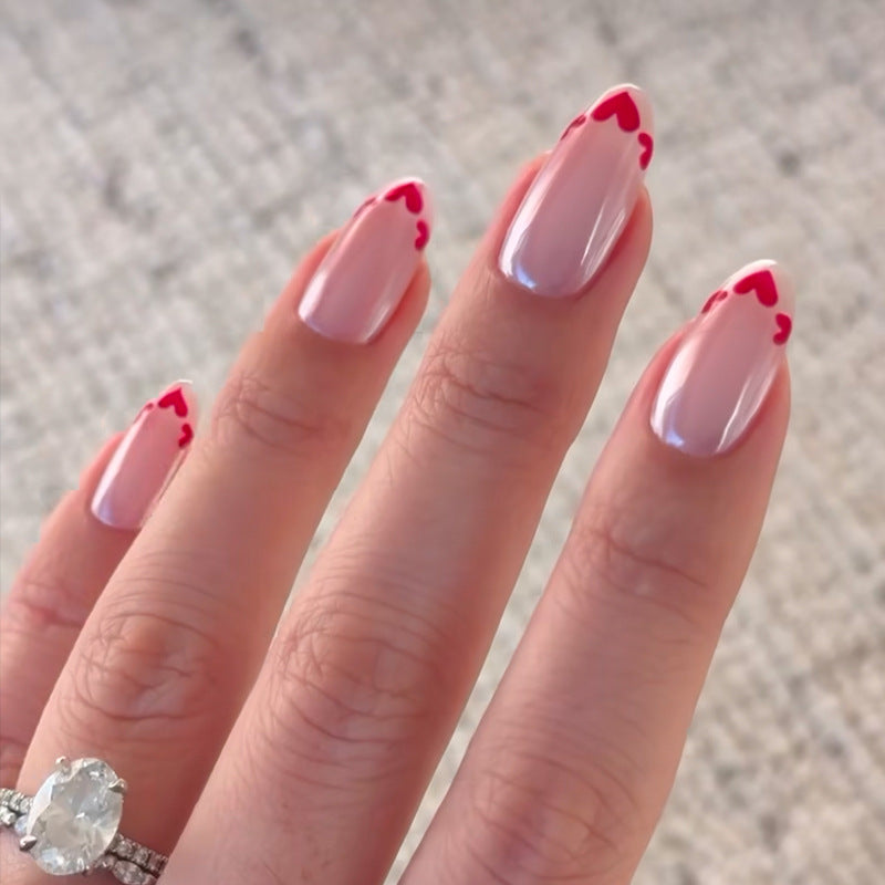 Romantic Vibes Long Almond Pink with Heart Tip Design Press On Nail Set