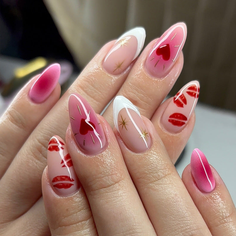 Romantic Heartfelt Medium Almond Shaped Pink Press On Nail Set with Glittering Accents