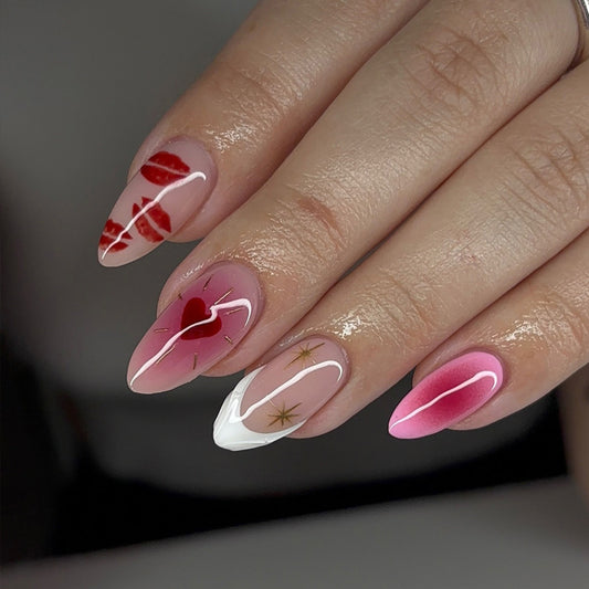 Romantic Kiss Medium Almond Pink Press On Nail Set with Heart and Star Accents
