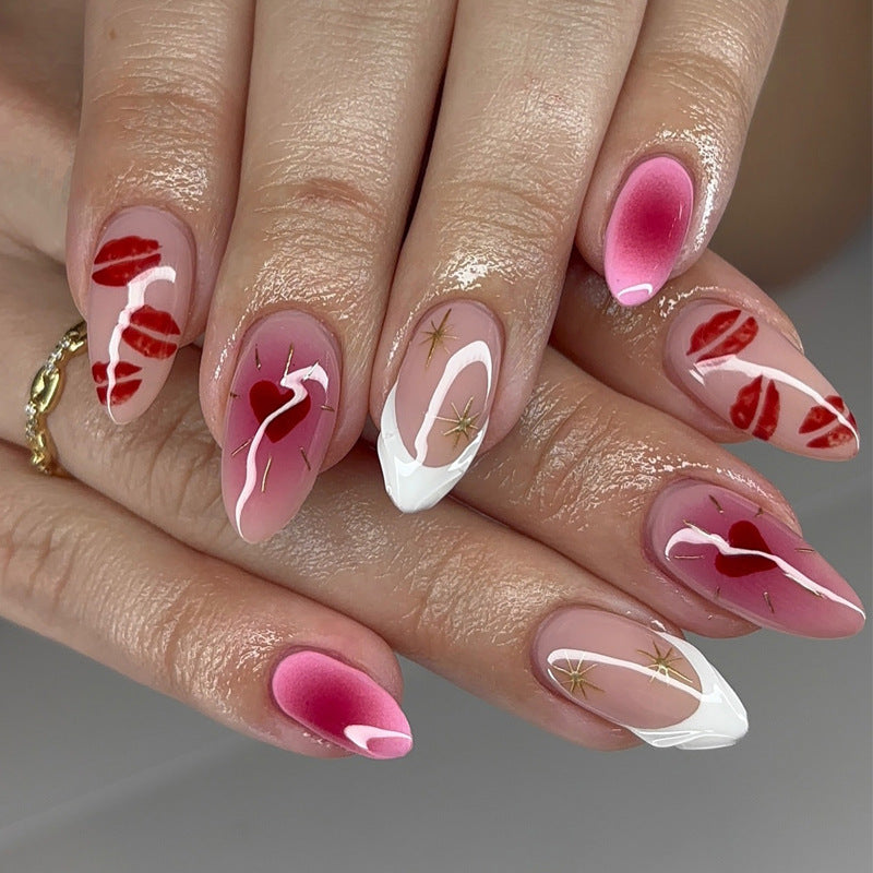 Romantic Kiss Inspired Medium Almond Pink Ombre Nails with Heart and Star Accents