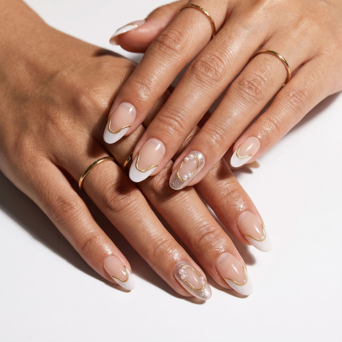 Glamorous Elegance Medium Almond White and Gold Accent Press On Nail Set