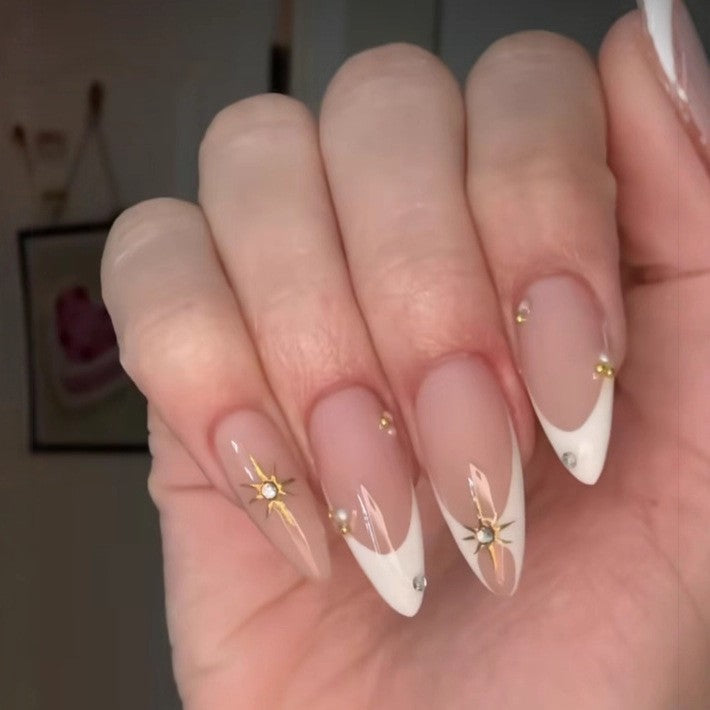 Celestial Elegance Long Almond White and Clear Press On Nail Set with Stunning Gold Accents