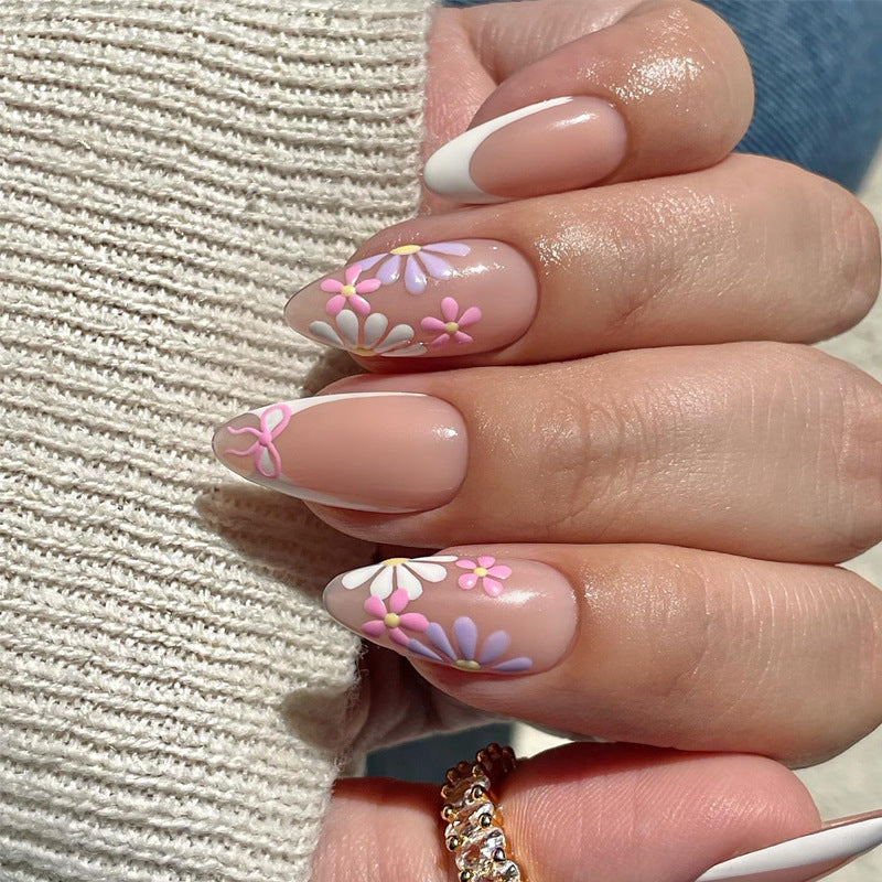 Blossom Dream Floral Design Long Almond Pink and White Press on Nail Set with Elegant Flower Accents