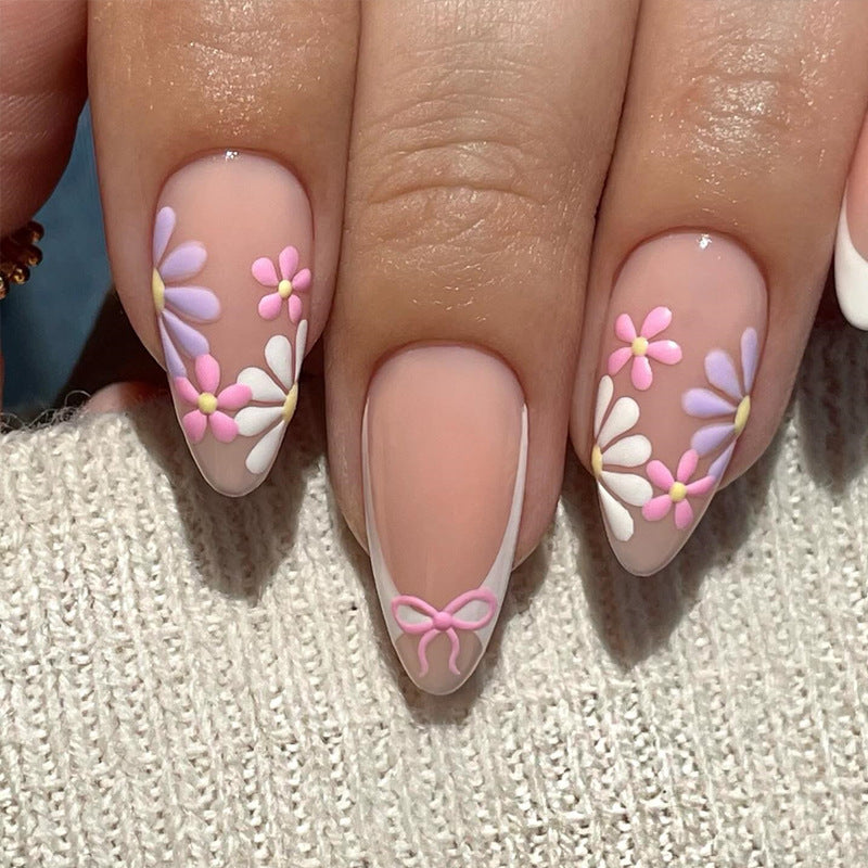 Floral Fantasy Long Almond Light Pink with Charming Flower Embellishments Press On Nail Set