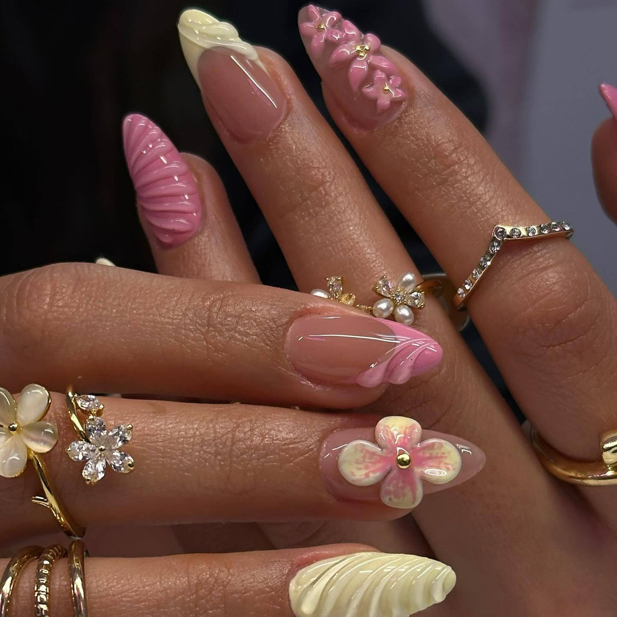 Whimsical Floral Medium Almond Pink and Cream Textured Press On Nail Set