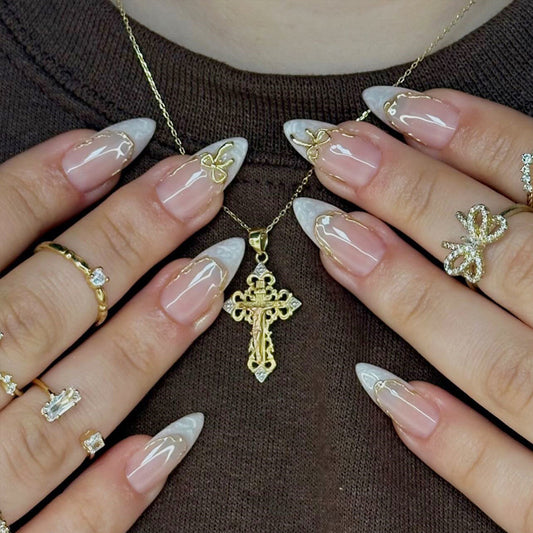 Elegant Serenity Press On Nail Set in Long Almond Shape with Ombre White and Beige Color Featuring Dazzling Gold Accents