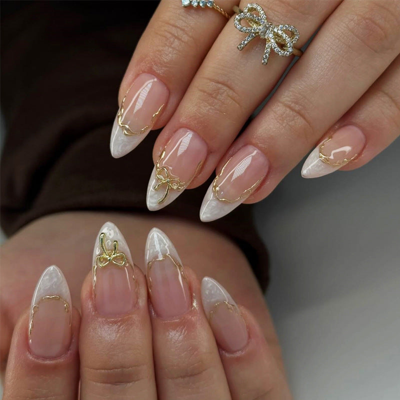 Elegant Enchantment Long Almond White Ombre with Stunning Gold Wire Accents Nail Press Set
