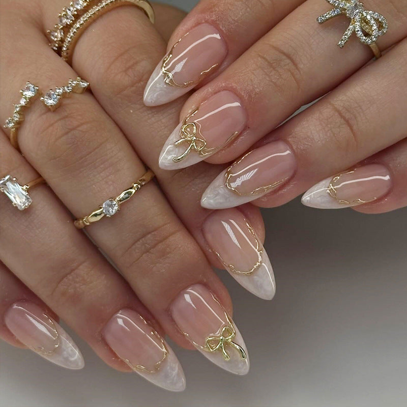 Enchanting Elegance Long Almond Clear White with Delicate Gold Accents Press On Nail Set