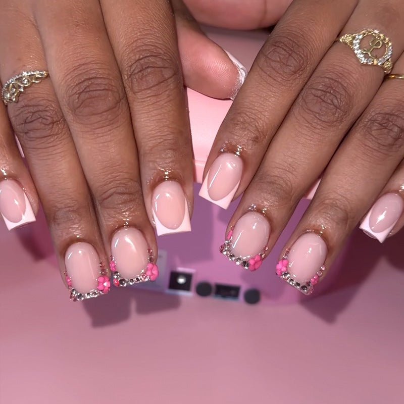 Chic Elegance Glossy Short Square Pink Press-On Nail Set with Sparkling Floral Accents