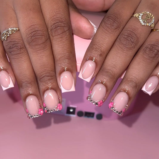 Chic Elegance Glossy Short Square Pink Press-On Nail Set with Sparkling Floral Accents
