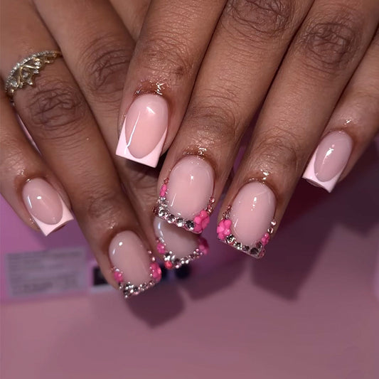 Charming Blossom Short Square Pink Press On Nail Set with Dazzling Gemstone Accents