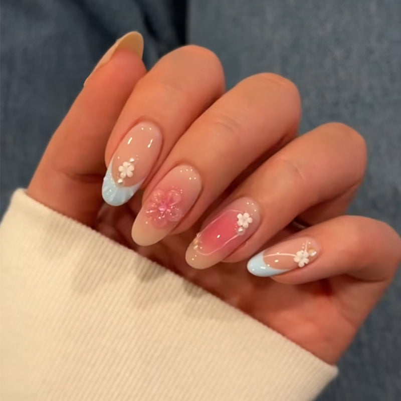Blossom Dream Press-On Nail Set Long Oval Pastel Blue and Pink Featuring Floral Accents