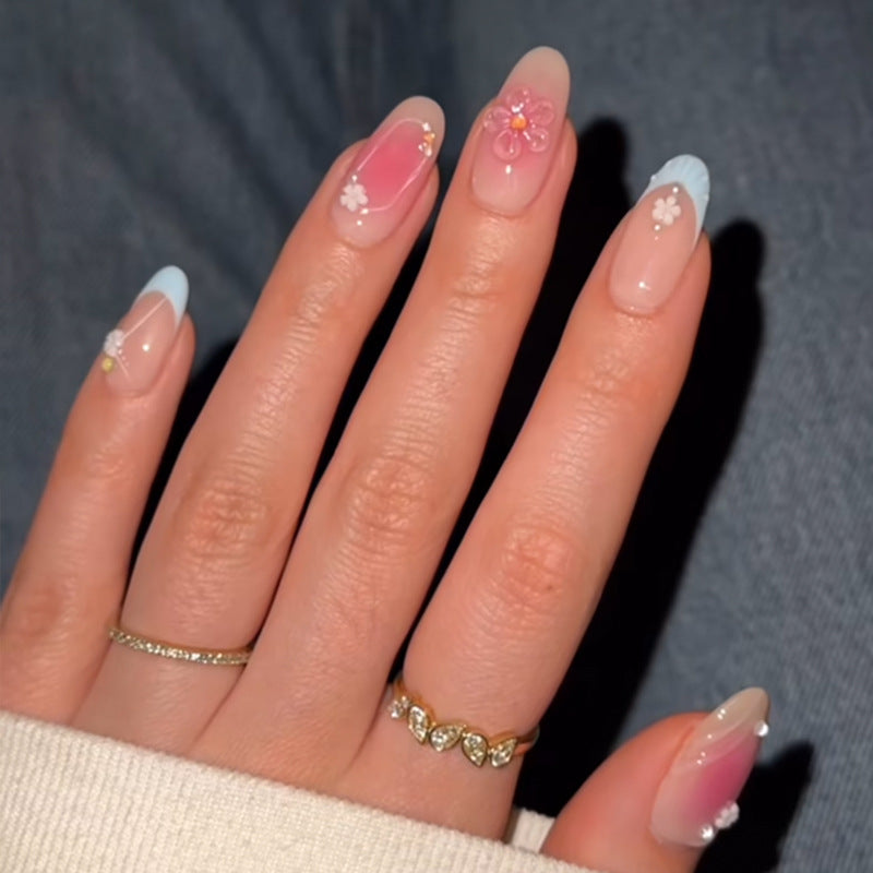 Whimsical Blossom Inspired Long Oval Pink and Blue Press On Nail Set with Floral Accents