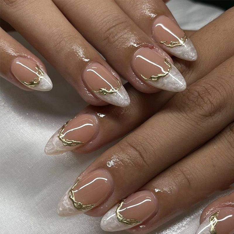 Glamorous Elegance Long Almond Soft Pink with Glossy Finish and Gold Detailing Press on Nail Set
