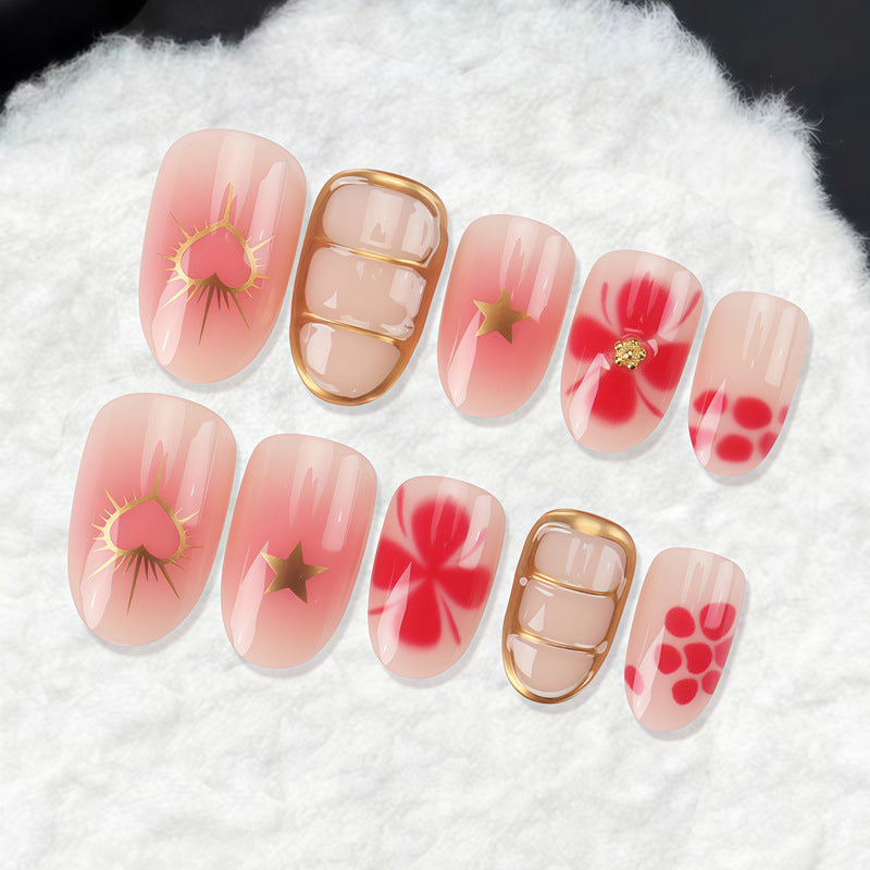 Blossom Delight Elegant Medium Oval Pink Press On Nail Set with Glamorous Gold Accents and Floral Designs