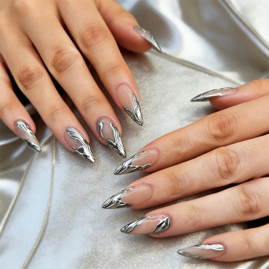 Glamorous Elegance Long Stiletto Shaped Silver Press on Nail Set with Unique Fluid Design