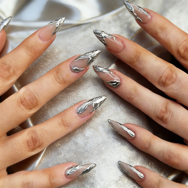 Glamorous Elegance Long Stiletto Silver Metallic Nail Set with Unique Flowing Design
