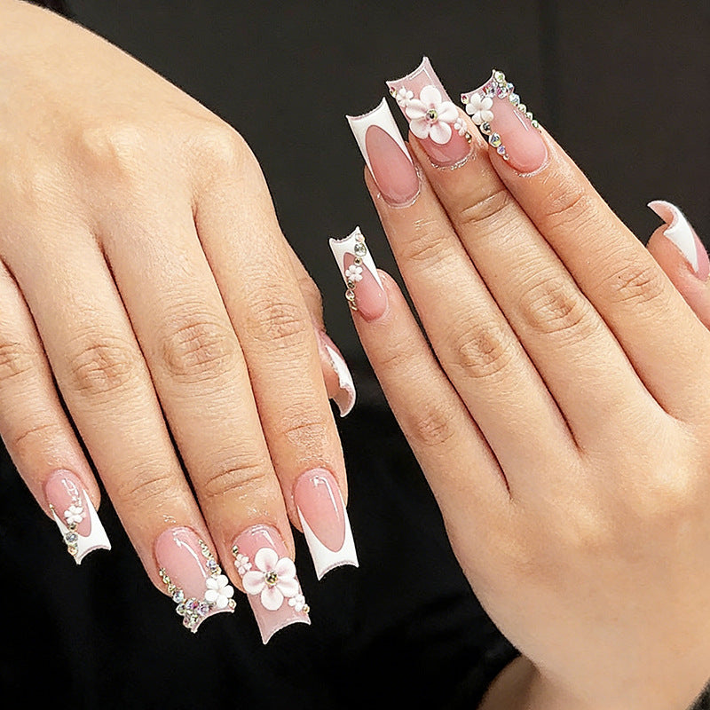 Elegant Floral Fantasy Long Square Pink with White Accents and Gem Embellishments Press on Nail Set