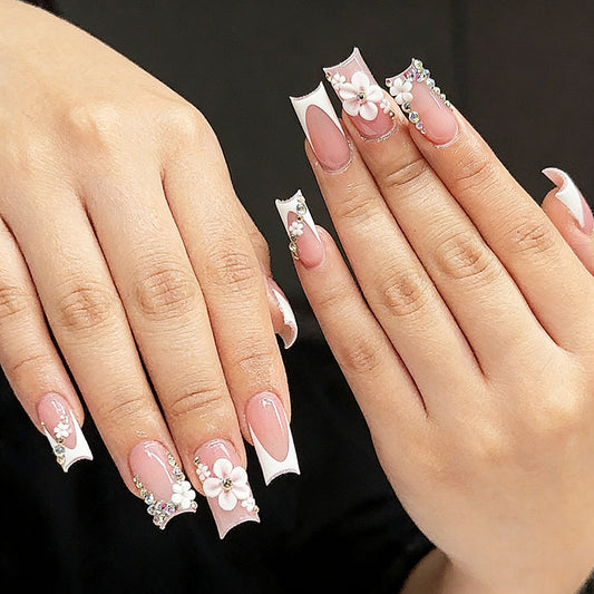 Elegant Floral Fantasy Long Square Pink with White Accents and Gem Embellishments Press on Nail Set