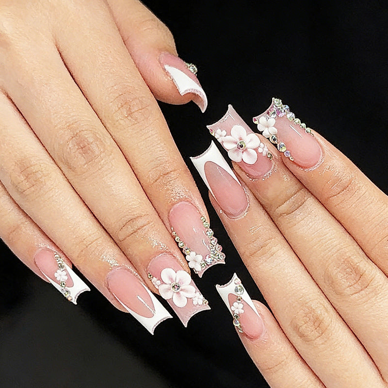 Blossom Wonderland Long Square Pink Nails with Floral Embellishments and Glamorous Rhinestones