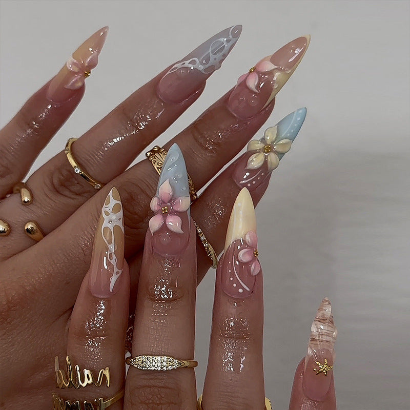Floral Fantasy Elegant Long Stiletto Pastel Colored Press On Nail Set with Three Dimensional Flower Embellishments