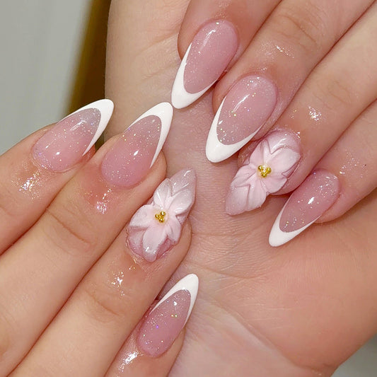Floral Elegance Long Almond Pink and White with Embellished Flower Design Press-On Nail Set