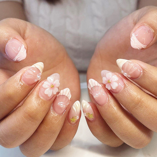 Blossom Elegance Medium Almond Pink Floral Press On Nail Set with Unique Pearl Accents
