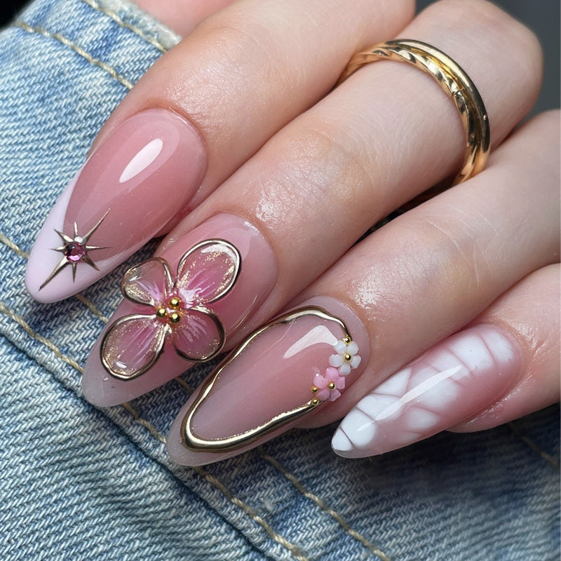 Floral Fantasy Long Almond Pink Glamorous Press On Nail Set with Unique Floral Charm