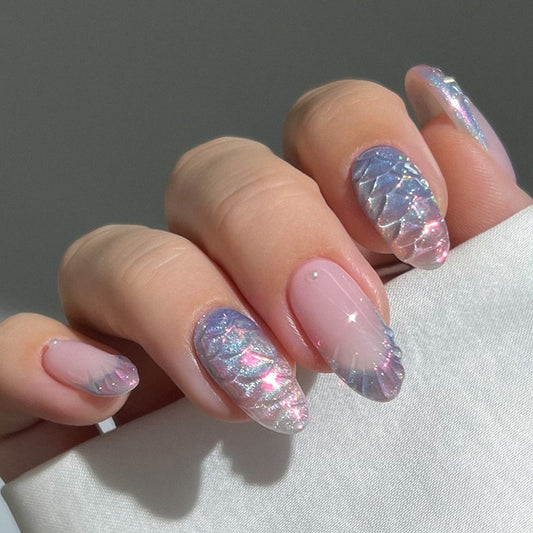 Mermaid Dreams Long Almond Pink and Iridescent with Shell Design Press On Nail Set