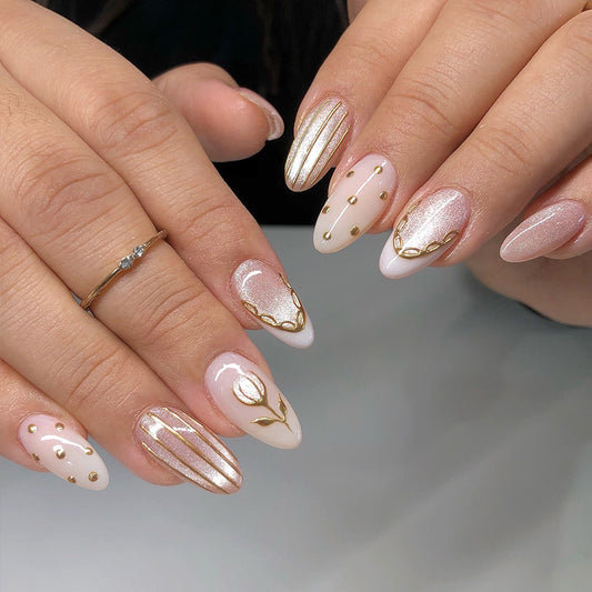 Elegant Garden Inspired Long Oval Soft Pink with Golden Detailing Press On Nail Set