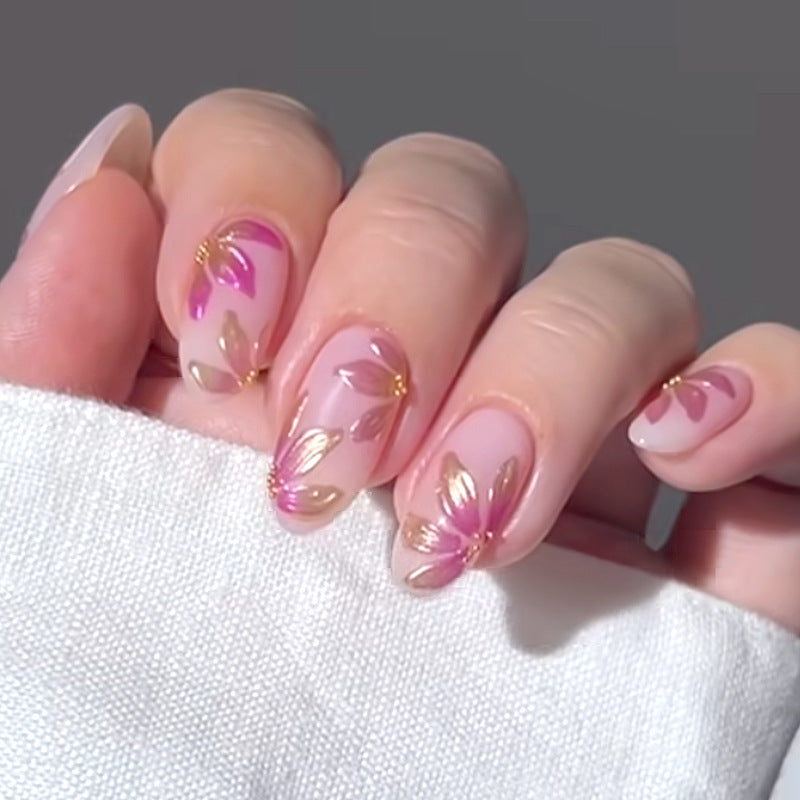 Blossom Charm Long Almond Pink Floral Press On Nail Set with Golden Accents