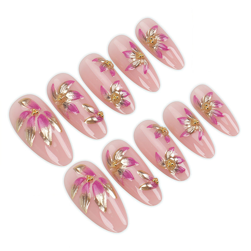 Enchanting Floral Dream Medium Almond Pink Press-On Nail Set with Gold Flower Accents
