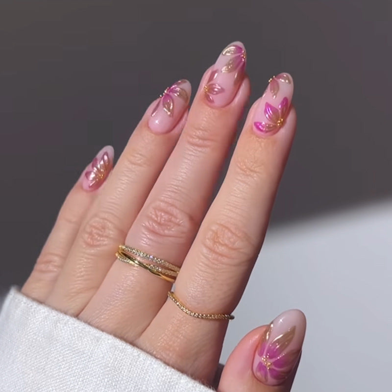Enchanted Garden Long Stiletto Ombre Pink Floral Design Nail Set