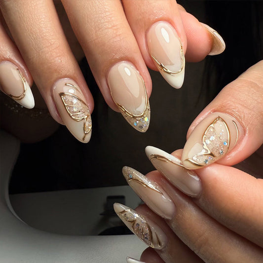 Chic Butterfly Elegance Long Almond Beige and White Press-On Nail Set with Glamorous Gold Detailing