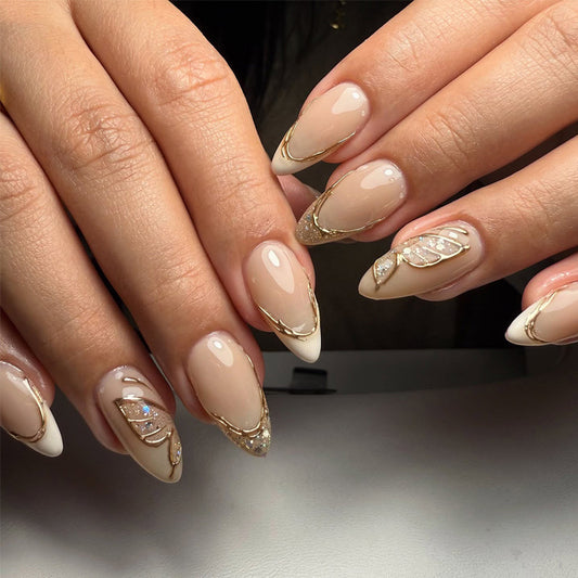 Elegant Garden Bliss Long Stiletto Almond Beige with Gold Accents and Glitter Nail Set