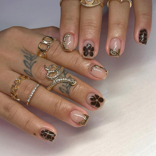 Bohemian Elegance Short Square Glossy Beige and Dark Floral Design Press On Nail Set