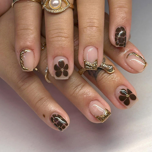 Boho Chic Short Square Brown Floral Accent Nail Set