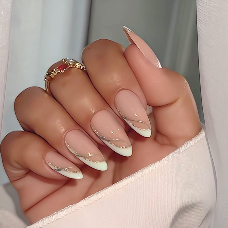 Glamorous Elegance Long Almond Pink with Glittering White Tips Press On Nail Set