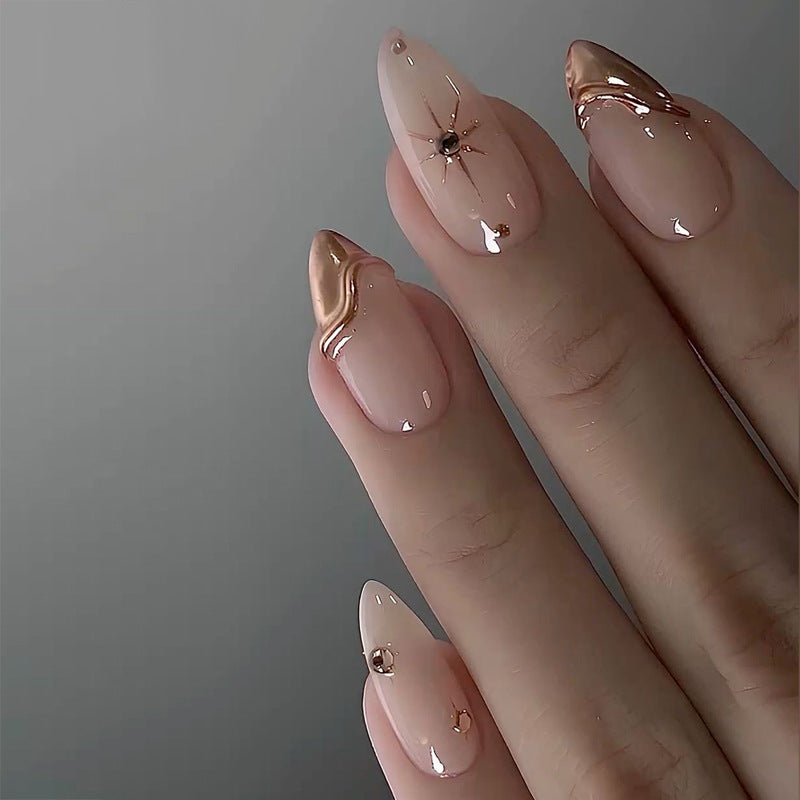 Glamorous Elegance Long Almond Pink with Shimmering Metallic Accents Press On Nail Set