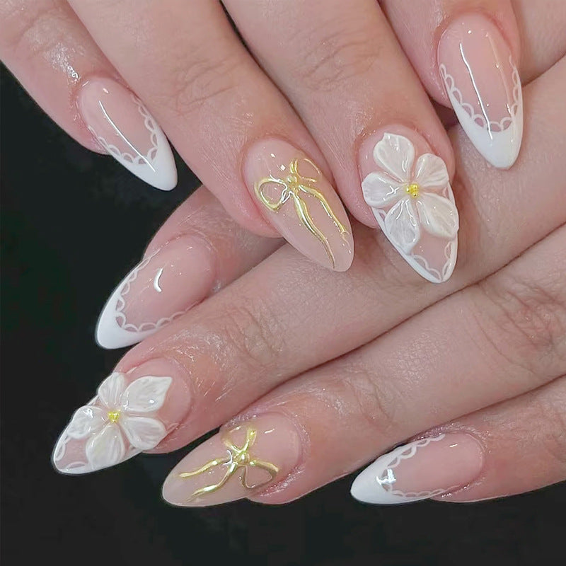 Whimsical Floral Elegance Long Almond White and Beige Press-On Nail Set with Intricate Flower Designs