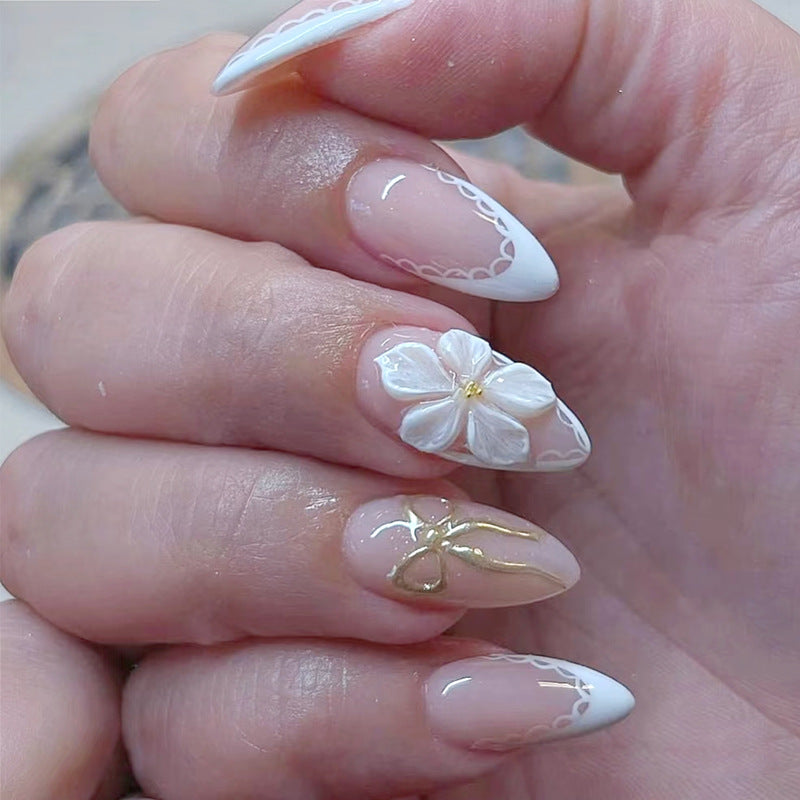 Enchanted Garden Long Stiletto Pure White Press On Nail Set with Elegant Floral Design
