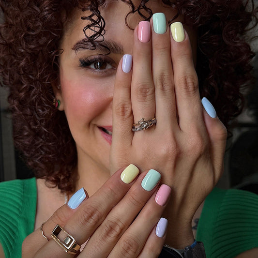 Pastel Spring Delight Medium Square Colorful Glossy Press On Nail Set with Unique Multi Color Design